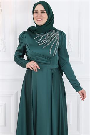 Berceste Saten Tesettür Abiye Zümrüt