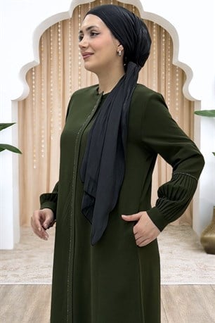 Berna Kolu Pileli Taşlı Ferace Haki