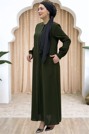 Berna Kolu Pileli Taşlı Ferace Haki