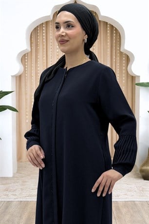 Berna Kolu Pileli Taşlı Ferace Siyah