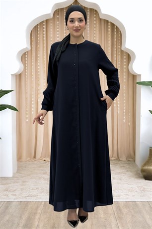 Berna Kolu Pileli Taşlı Ferace Siyah