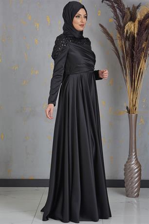 Bersu Önü Pul Boncuk İşlemeli Tesettür Abiye Siyah