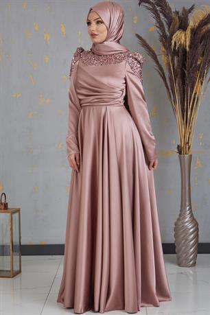 Bersu Önü Pul Boncuk İşlemeli Tesettür Abiye Vizon