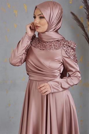 Bersu Önü Pul Boncuk İşlemeli Tesettür Abiye Vizon