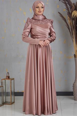 Bersu Önü Pul Boncuk İşlemeli Tesettür Abiye Vizon