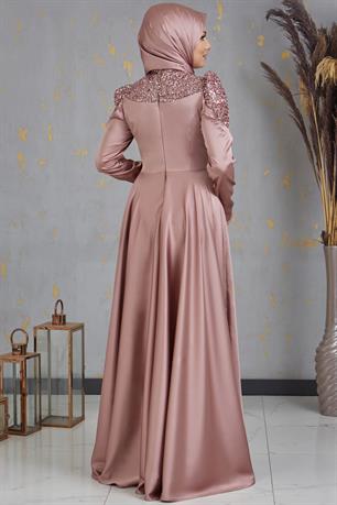 Bersu Önü Pul Boncuk İşlemeli Tesettür Abiye Vizon