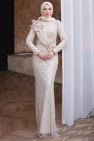 Ceylan Tesettür Abiye Bej