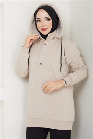 Çıkarılabilir Kapüşonlu 3 İplik Şardonlu Sweatshirt Bej