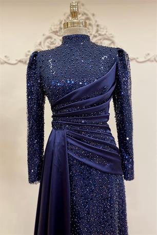 Drapeli Tesettür Abiye Lacivert