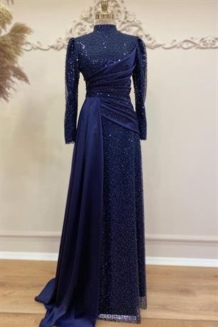 Drapeli Tesettür Abiye Lacivert