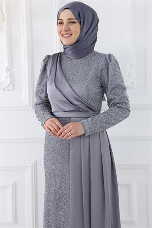 Ecmel Tesettür Abiye Gri