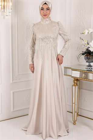 Ecrin Tesettür Abiye Krem