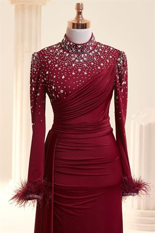 Elmas Tesettür Abiye Bordo