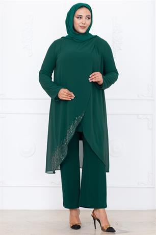 Esin Tunik Pantolon İkili Tesettür Takım Zümrüt