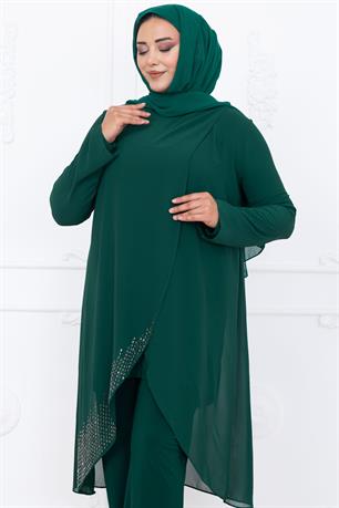 Esin Tunik Pantolon İkili Tesettür Takım Zümrüt