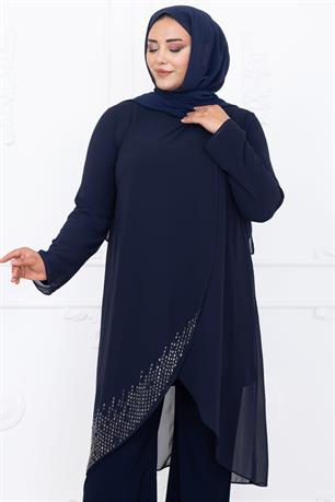 Esin Tunik Pantolon İkili Tesettür Takım Lacivert