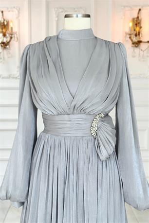 Feray Tesettür Abiye Gri