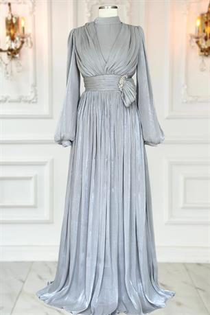 Feray Tesettür Abiye Gri