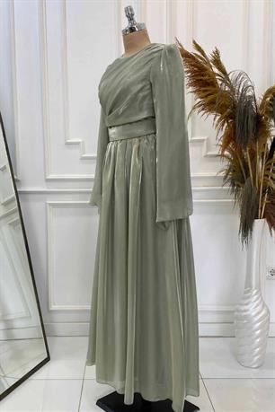 Flowers Tesettür Abiye Çağla Yeşili