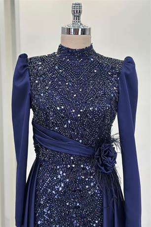 Flowers Tesettür Abiye Lacivert