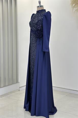 Flowers Tesettür Abiye Lacivert