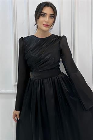 Flowers Tesettür Abiye Siyah