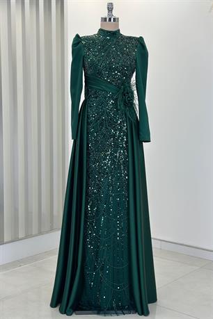 Flowers Tesettür Abiye Zümrüt