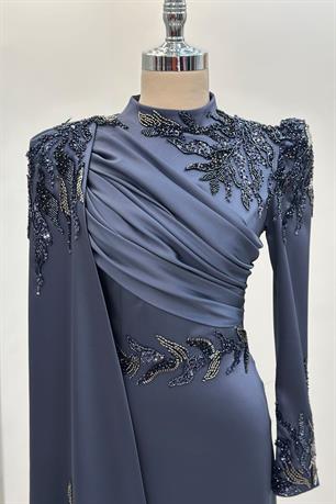 Garnili Tesettür Abiye İndigo