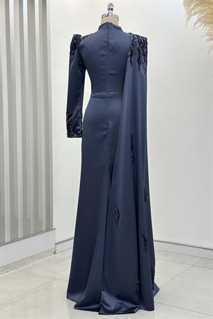 Garnili Tesettür Abiye İndigo