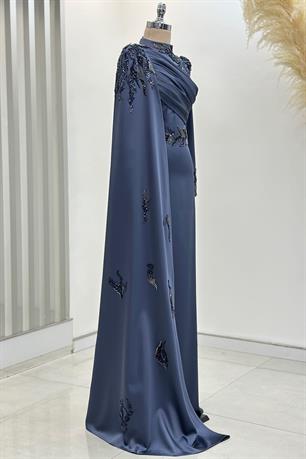 Garnili Tesettür Abiye İndigo