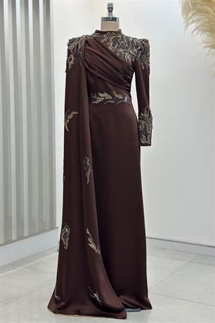 Garnili Tesettür Abiye Kahve