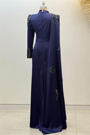 Garnili Tesettür Abiye Lacivert