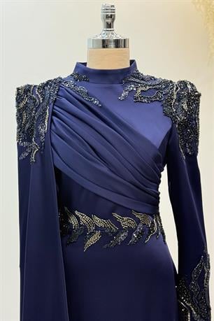 Garnili Tesettür Abiye Lacivert