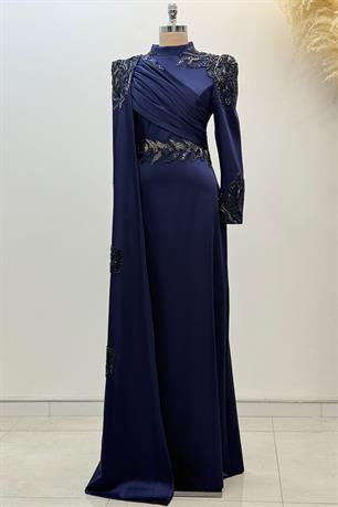 Garnili Tesettür Abiye Lacivert