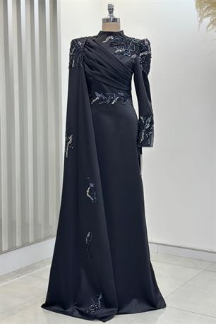 Garnili Tesettür Abiye Siyah