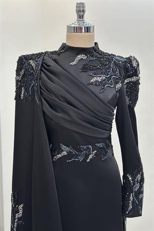 Garnili Tesettür Abiye Siyah