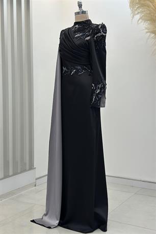 Garnili Tesettür Abiye Siyah