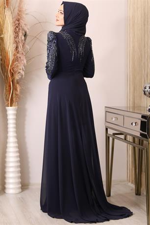 Güneş Boncuk İşlemeli Tesettür Tulum Lacivert