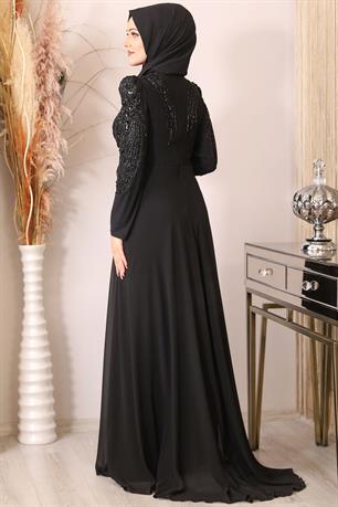 Güneş Boncuk İşlemeli Tesettür Tulum Siyah