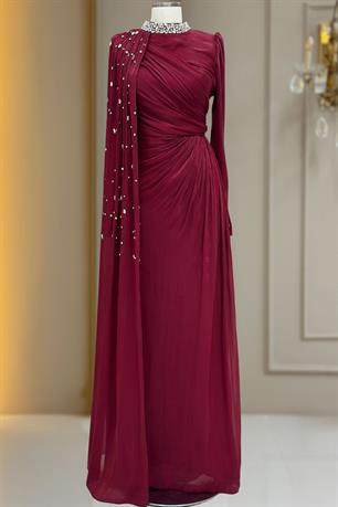 Helen Tesettür Abiye Bordo