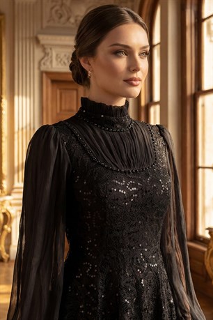 İnci Dantel Detaylı Tesettür Abiye Siyah