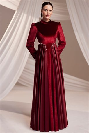 Kadife Tesettür Abiye Bordo