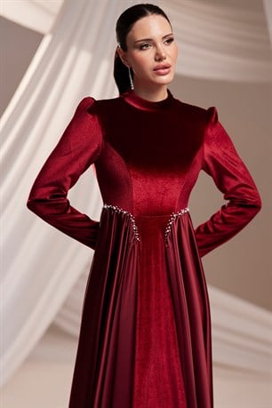 Kadife Tesettür Abiye Bordo