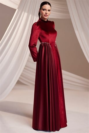 Kadife Tesettür Abiye Bordo