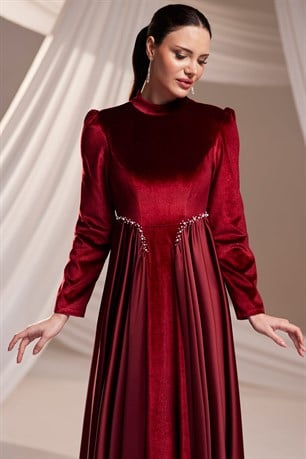 Kadife Tesettür Abiye Bordo