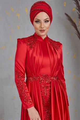 Karaca Önü Drapeli Aplikli Tesettür Abiye Kırmızı