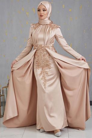 Karaca Önü Drapeli Aplikli Tesettür Abiye Gold