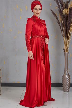 Karaca Önü Drapeli Aplikli Tesettür Abiye Kırmızı
