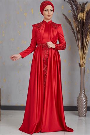 Karaca Önü Drapeli Aplikli Tesettür Abiye Kırmızı