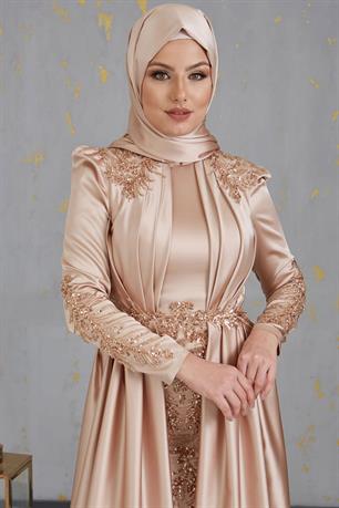 Karaca Önü Drapeli Aplikli Tesettür Abiye Gold